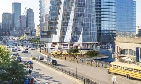 A rendering of the 22-story residential building proposed for 150 Seaport Blvd.
