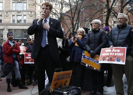 Boston, MA -- 2/21/2017 - Congressman Joe Kennedy III speaks during a rally with workers and advocates at a Downtown Crossing event intended to, 
