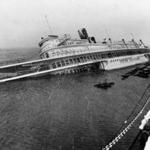 The SS Peter Stuyvesant tilted on its side as a result of fierce winds during the Blizzard of 1978.