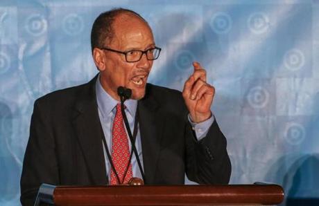 epa05815077 DNC chair candidate and former US Labor Secretary Tom Perez speaks during the Democratic National Committee (DNC) Winter Meeting in Atlanta, Georgia, USA, 25 February 2017. The three-day meeting includes the election of a new DNC chairperson. EPA/ERIK S. LESSER
