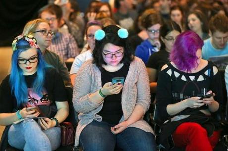 Among those attending the convention for nerds at the Hynes Convention Center on Saturday were (from left) Cecilia Lallmann of Detroit, Hwayoun Kang of Boston, and Erin King of Cambridge.
