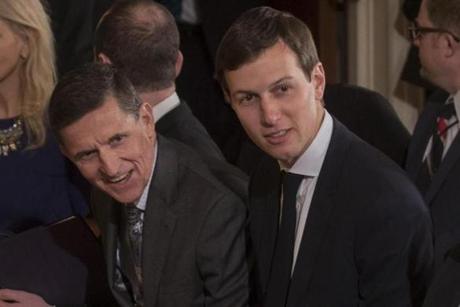 Mike Flynn (left) and Trump senior adviser Jared Kushner at the White House last month. Flynn, who has since resigned from his post at national security adviser, and Kushner had a previously-undisclosed meeting with Sergey Kislyak, the Russian ambassador, at Trump Tower in December, the White House disclosed on Thursday.
