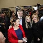 Sinn Fein?s Michelle O?Neill , right, is congratulated by party leader Gerry Adams and party members Orlaithi Flynn, 2nd right, and Mary Lou McDonald in Belfast on Friday.