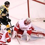 Boston, MA - 3/08/2017 - (1st period) Boston Bruins center David Krejci (46) scores the first of his two goals during the first period to give Boston a 1-0 lead. The Bruins struck for four unanswered goals during the first period forcing Detroit Red Wings goalie Jared Coreau (31) to a change of goalies during the period. The Boston Bruins host the Detroit Red Wings at TD Garden. - (Barry Chin/Globe Staff), Section: Sports, Reporter: Fluto Shinzawa, Topic: 09Bruins-Red Wings, LOID: 8.3.1802169024.