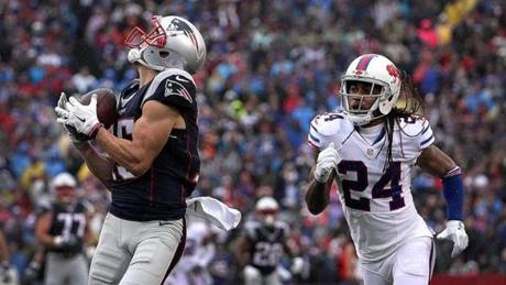 Orchard Park, NY - 10/30/2016 - (1st quarter) It was a happy homecoming for former Buffalo Bill now New England Patriots wide receiver Chris Hogan (15) as he beats Buffalo Bills cornerback Stephon Gilmore (24) with this reception of a long pass by New England Patriots quarterback Tom Brady (12), not pictured, for a touchdown during the first quarter. The Buffalo Bills host the New England Patriots at New Era Field in Orchard Park, NY. - (Barry Chin/Globe Staff), Section: Sports, Reporter: Ben Volin, Topic: 31Patriots-Bills, LOID: 8.3.470379750.
