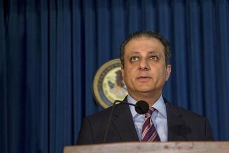 FILE ? Preet Bharara, the United States attorney in Manhattan, at a news conference in New York, Nov. 17, 2016. In a a surprising but not entirely unprecedented move, the Trump administration ordered Bharara and the other 45 holdover US attorneys from the Obama administration to resign immediately on March 10; the administration may not accept all of the resignations. (Christopher Lee/The New York Times) 
