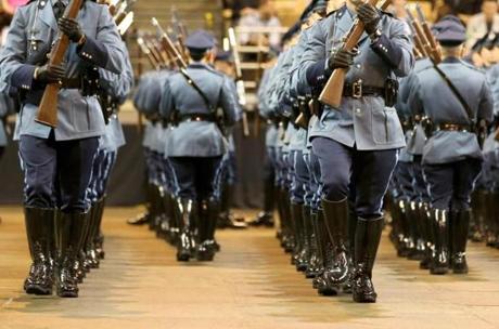 Graduates took part in the Troop Drill during the 82nd Recruit State Police graduation in Worcester in 2016.
