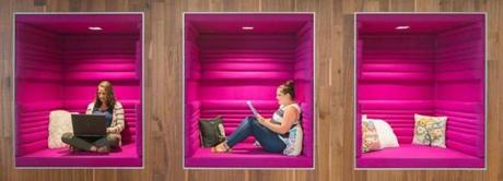 Dyer Brown, an architectural firm, has designed cubbies as workspaces for the Boston offices of Criteo, a tech company. The cubbies, they say, promote focus and creativity while providing an alternative to a traditional desk or office. (Darrin Hunter/Dyer Brown Architects via AP)
