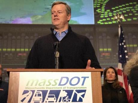 15snowpolitics - Governor Charlie Baker speaks Tuesday at a news conference about snow at the Massachusetts Department of Transportation Highway Operations Center in Boston. (Joshua Miller/Globe Staff)
