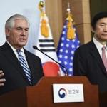 Secretary of State Rex Tillerson (left) spoke as South Korean Foreign Minister Yun Byung-se looked on during a press conference in Seoul. 