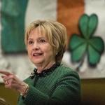 Hillary Clinton speaks at the Society of Irish Women's annual dinner on St. Patrick's Day in her late father's hometown in Scranton, Pa., Friday, March 17, 2017. (AP Photo/Matt Rourke)