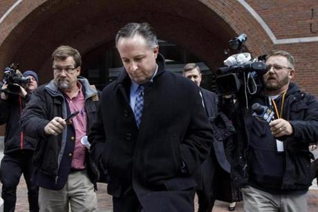 Boston, MA - 3/22/2017 - Barry Cadden leaves the Moakley United States Court in Boston, MA, March 22, 2017. The former co-owner of a Massachusetts compounding pharmacy was convicted Wednesday of racketeering and other charges in the 2012 fungal meningitis outbreak that killed more than 60 people and sickened hundreds more nationwide. (Keith Bedford/Globe Staff)
