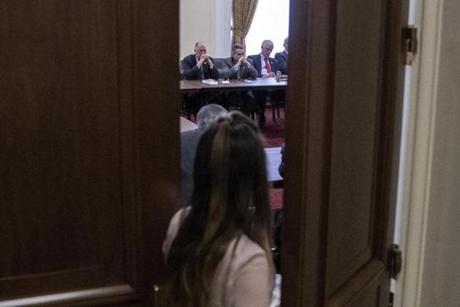 epa05866543 House Freedom Caucus members meet behind closed doors on Capitol Hill in Washington, DC, USA, 23 March 2017. Members met after returning from a meeting at the White House with President Trump in which they failed to reach a deal. The House of Representatives has yet to vote on the Republican-crafted American Health Care Act, that would replace the Affordable Care Act, as it remained unclear whether Republicans had enough votes to overcome opposition from Democrats and those within their own party. EPA/SHAWN THEW
