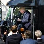 President Donald Trump climbed into the driver's seat of an 18-wheeler while meeting with truck drivers and CEOs on the South Portico. 