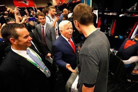 HOUSTON, TX - FEBRUARY 05: Tom Brady #12 of the New England Patriots celebrates with owner Robert Kraft in the locker room after defeating the Atlanta Falcons during Super Bowl 51 at NRG Stadium on February 5, 2017 in Houston, Texas. The Patriots defeated the Falcons 34-28. (Photo by Kevin C. Cox/Getty Images)
