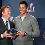 Houston, TX Feb. 6 2017: On the morning following their come from behind Super Bowel victory, New England Patriots quarterback Tom Brady and head coach Bill Belichick were present at a press conference along with NFL commissioner Roger Goodell. Brady (right) accepted the Super Bowl MVP award from Goodell (left). The Vinced Lombardi Trophy is at right. (Globe Staff Photo/Jim Davis) reporter: various topic: Super Bowl