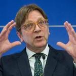 Guy Verhofstadt, European Parliament coordinator for Brexit, spoke during a joint press conference on March 29 at the EU Parliament in Brussels, Belgium. 
