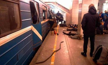 Victims could be seen on the platform of the Tekhnologichesky Institut subway station in St.Petersburg, Russia. 
