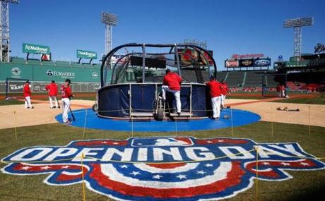 Players took batting practice at Fenway Park on Sunday. 
