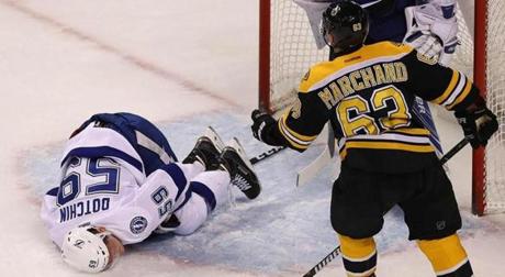 Brad Marchand earned a major for spearing and the automatic ejection that goes with it after spearing of Jake Dotchin in the first period. 
