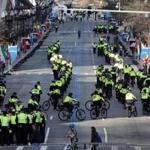 Boston police prepared at the finish line of the 2016 Boston Marathon. 
