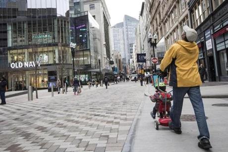 Sidewalk traffic in Downtown Crossing has been measured at about 250,000 people per day.
