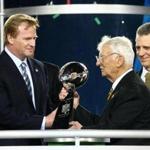 FILE: Dan Rooney, the Hall of Fame owner of the Pittsburgh Steelers, has died at the age of 84. TAMPA, FL - FEBRUARY 01: NFL Commissioner Roger Goodell (L) present Dan Rooney, team owner of the Pittsburgh Steelers, with the Vince Lombardi trophy after the Steelers won 27-23 against the Arizona Cardinals during Super Bowl XLIII on February 1, 2009 at Raymond James Stadium in Tampa, Florida. (Photo by Al Bello/Getty Images)