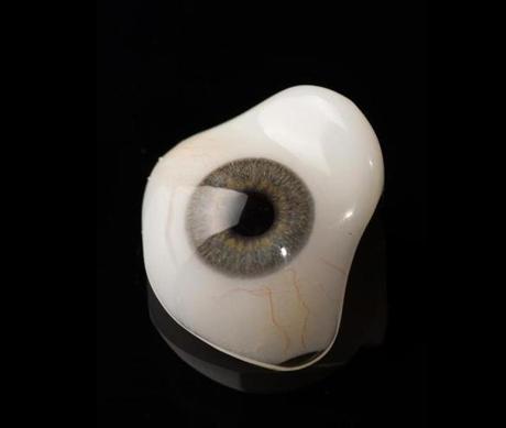 Glass eye prosthetic or Ocular prosthesis with reflection on black
