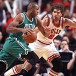 Oct 27, 2016; Chicago, IL, USA; Boston Celtics center Al Horford (42) drives on Chicago Bulls center Robin Lopez (8) during the second half at the United Center. Chicago won 105-99. Mandatory Credit: Dennis Wierzbicki-USA TODAY Sports