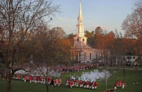 Participants in the reenactment of the skirmish that took place in 1775 on Lexington Green celebrated the 242nd anniversary of the event. 
