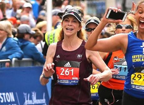 Boston-04/17/2017- The Boston Marathon finish line- Kathrine Switzer comes across the finish line. John Tlumacki/Globe staff(sports)
