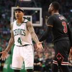 Boston MA 4/18/17 Boston Celtics Isaiah Thomas yelling at his teammate Marcus Smart during third quarter action against the Chicago Bulls in game 2 of the first round of the NBA Playoffs at TD Garden. (Photo by Matthew J. Lee/Globe staff) topic: reporter: