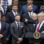 President Donald Trump points to New England Patriots head coach Bill Belichick, left, during a ceremony on the South Lawn of the White House in Washington, Wednesday, April 19, 2017, where he honored the Super Bowl Champion New England Patriots for their Super Bowl LI victory. (AP Photo/Andrew Harnik)