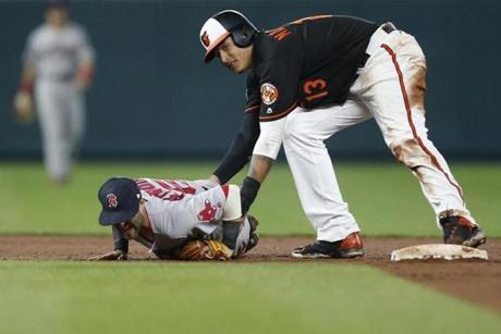 BALTIMORE, MD - APRIL 21: Dustin Pedroia #15 of the Boston Red Sox lays injured on the field after colliding at second base with Manny Machado #13 of the Baltimore Orioles in the eighth inning at Oriole Park at Camden Yards on April 21, 2017 in Baltimore, Maryland. (Photo by Matt Hazlett/Getty Images)
