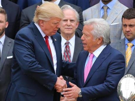President Donald Trump shook hands with New England Patriots owner Robert Kraft during a ceremony to honor the Super Bowl LI winners at the White House. 
