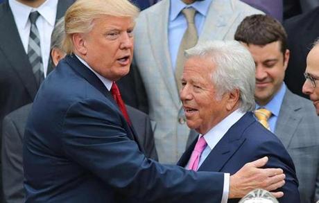 President Trump (left) welcomed Robert Kraft to the White House last week for a ceremony that honored the Super Bowl champion Patriots. 
