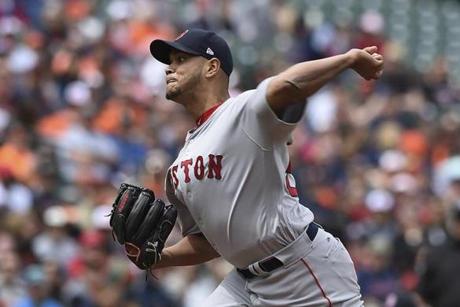 Boston Red Sox starting pitcher Eduardo Rodriquez delivers against the Baltimore Orioles during the first inning of a baseball game, Sunday, April 23, 2017, in Baltimore. (AP Photo/Gail Burton)
