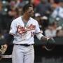 Baltimore Orioles Manny Machado looks to the mound after a pitch was thrown near his head by Boston Red Sox pitcher Matt Barnes during the eighth inning of a baseball game, Sunday, April 23, 2017, in Baltimore. (AP Photo/Gail Burton)