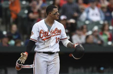 Orioles third baseman Manny Machado reacted after a pitch was thrown behind his head in the eighth inning.
