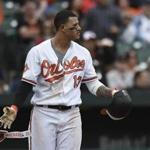 Orioles third baseman Manny Machado reacted after a pitch was thrown behind his head in the eighth inning.