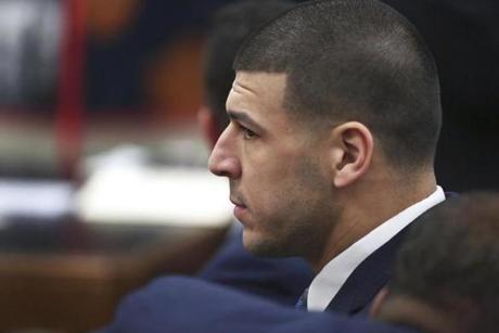 Jury selection begins in the double murder trial of former New England Patriots tight end Aaron Hernandez Tuesday, Feb. 14, 2017, in in Suffolk Superior Court in Boston, as jury selection begins in his double murder trial.(Pat Greenhouse/Boston Globe via AP, Pool)
