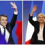 In this photo combination, French centrist presidential candidate Emmanuel Macron waves before he addresses his supporters at his election day headquarters in Paris, Sunday April 23, 2017, left, and far-right candidate for the presidential election Marine Le Pen waves at supporters after she delivers a speech during a meeting in Bordeaux, southwestern France, Sunday, April 2, 2017, right. (AP Photo/ Christophe Ena/ Bob Edme)