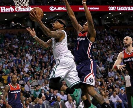 Isaiah Thomas scored 20 points in the first half, including this second-quarter layup, en route to a 53-point night.
