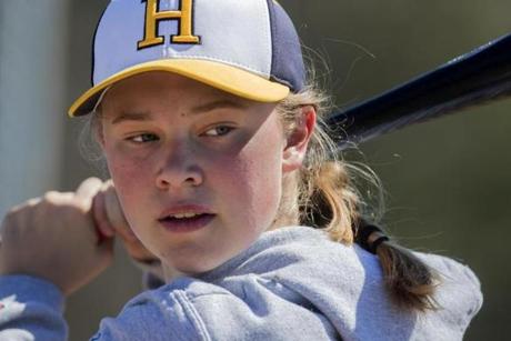 Hadley, Ma-April, 19, 2017-Stan Grossfeld/Globe Staff- Thea Hansom, 14, a freshman, girl playing with the Hopkins Academy Golden Hawks varsity baseball team. The school had to receive a special exemption to allow her to play. Her she pops out pinch hitting against Easthampton. 
