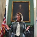 Boston-12/14/2016- Mass. Lt. Gov. Karyn Polito announces that the marijuana ballot question has become law. The Governor's Council met at the State House to officially certify the results of the Nov. 8 ballot question legalizing marijuana in Massachusetts. A portrait of Gov. Samuel Adams hnags behind her. John Tlumacki/Globe Staff (metro)