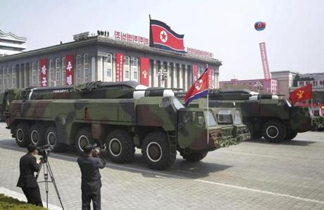Missiles are paraded across Kim II Sung Square in Pyongyang, North Korea during a military parade in April. 
