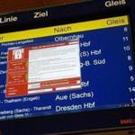 An electronic timetable display at the railway station in Chemnitz, Germany, showed the malware screen announcing the encryption of data, and a requirement to pay, on Friday.