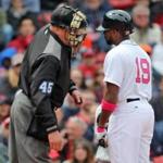 Boston MA 5/13/17 Boston Red Sox Jackie Bradley Jr. questioning a called strike three with umpire Jeff Nelson against the Tampa Bay Rays during third inning action at Fenway Park. (Matthew J. Lee/Globe staff)