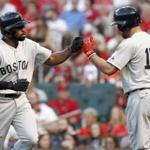 Boston Red Sox's Jackie Bradley Jr., left, is congratulated by Deven Marrero (17) after hitting a solo home run during the second inning of a baseball game against the St. Louis Cardinals on Tuesday, May 16, 2017, in St. Louis. (AP Photo/Jeff Roberson)