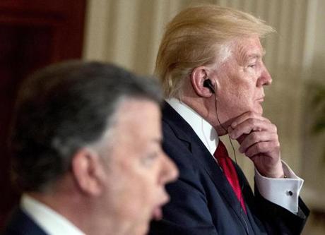 President Donald Trump, right, listened as Colombian President Juan Manuel Santos, left, spoke during a news conference in the East Room of the White House on Thursday.
